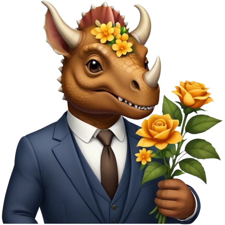 old triceratops in suit holding flowers emoji