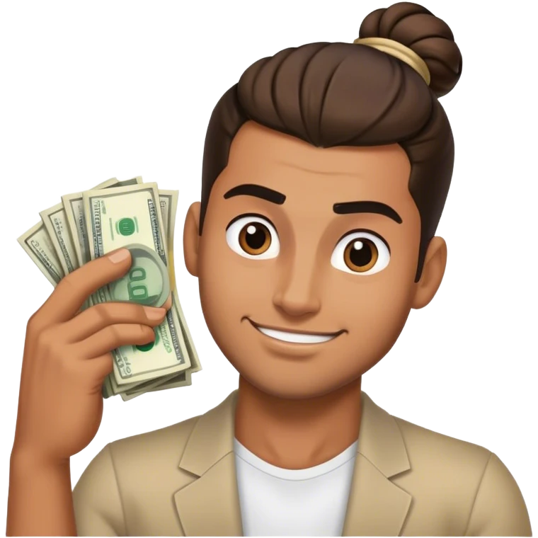 Handsome Brown guy with a glossy man bun , flexing stacks of money  emoji