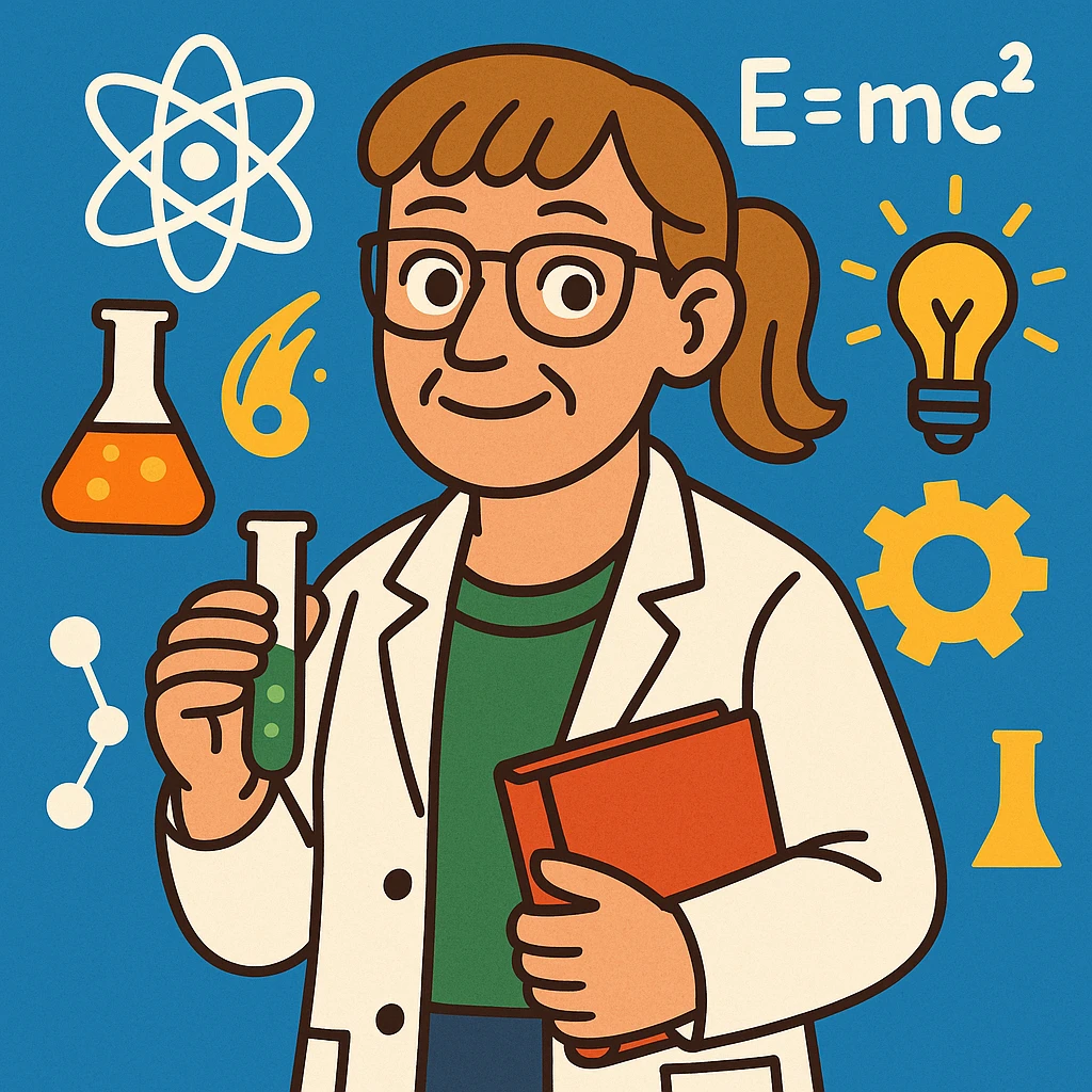 middle-aged science teacher, light brown hair in ponytail with bangs, brown eyes, with science symbols in background emoji