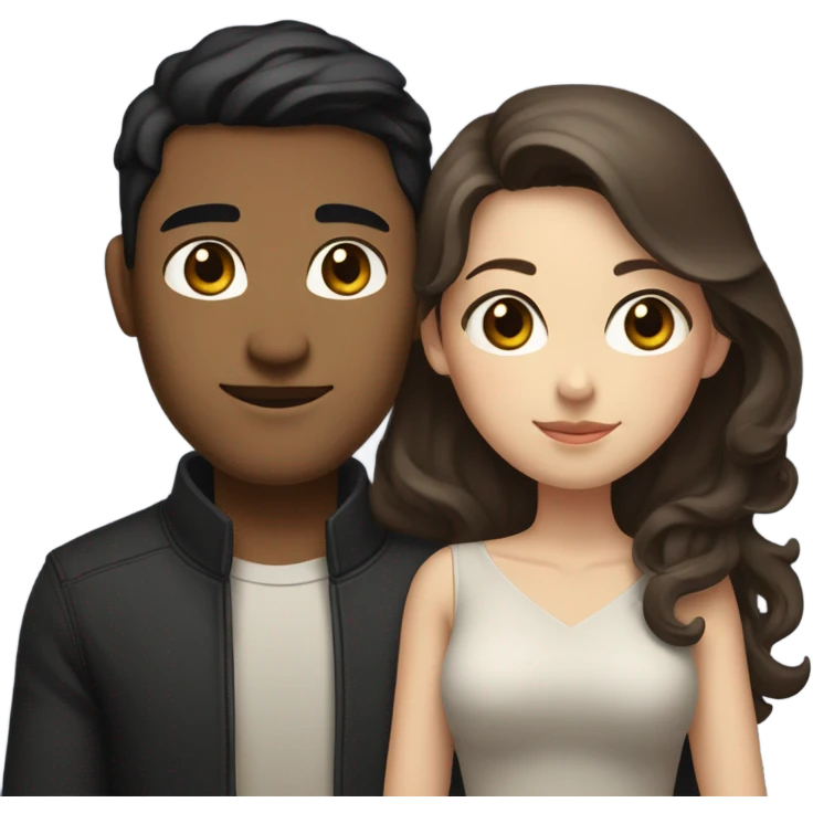 A pale half Asian man with short dark hair and amber eyes embracing and loving a white woman with long wavy brunette hair and dark hazel eyes. They love each other a lot And have good fashion taste and are hugging each other tight  emoji