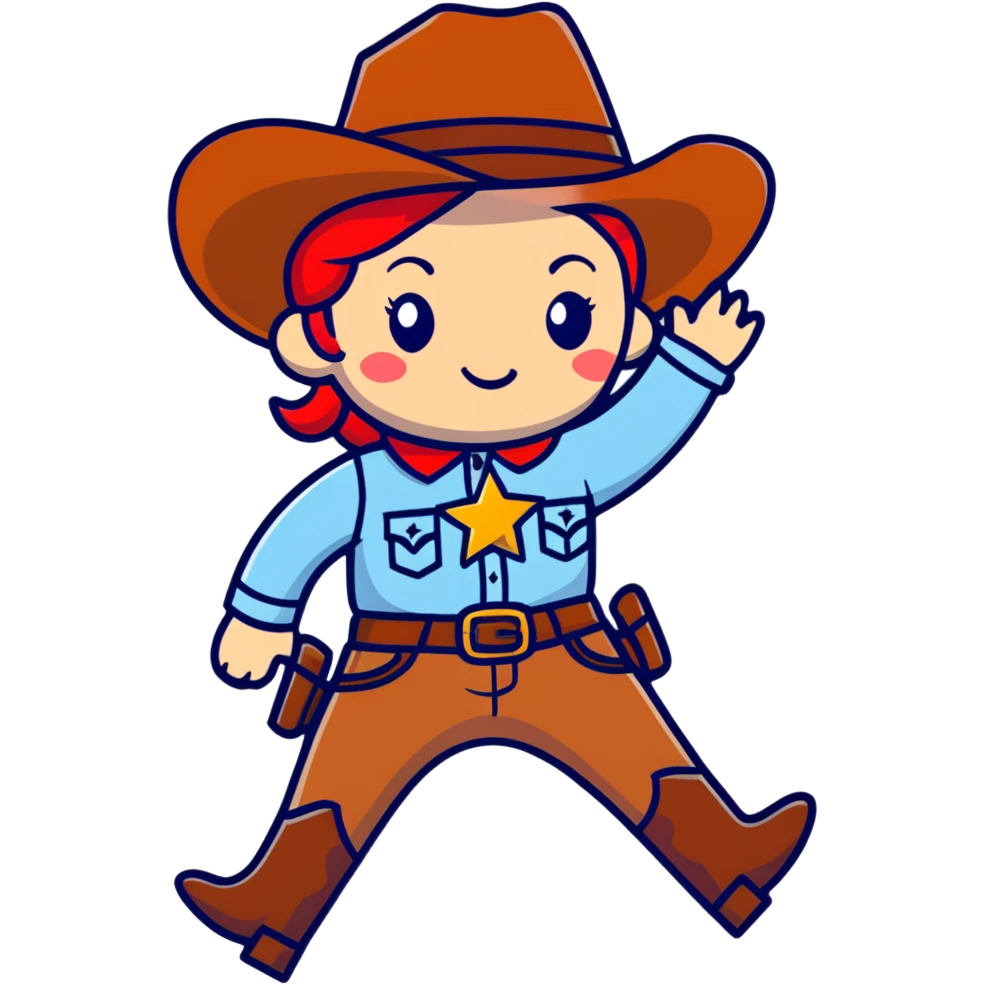 A cartoon stuffed cowgirl toy with freckles, red hair and a star-shaped badge emoji