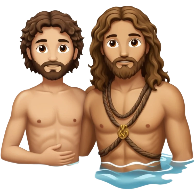 wavy hair John the Baptist, animal skin clothes, meets same age Jesus in the water emoji