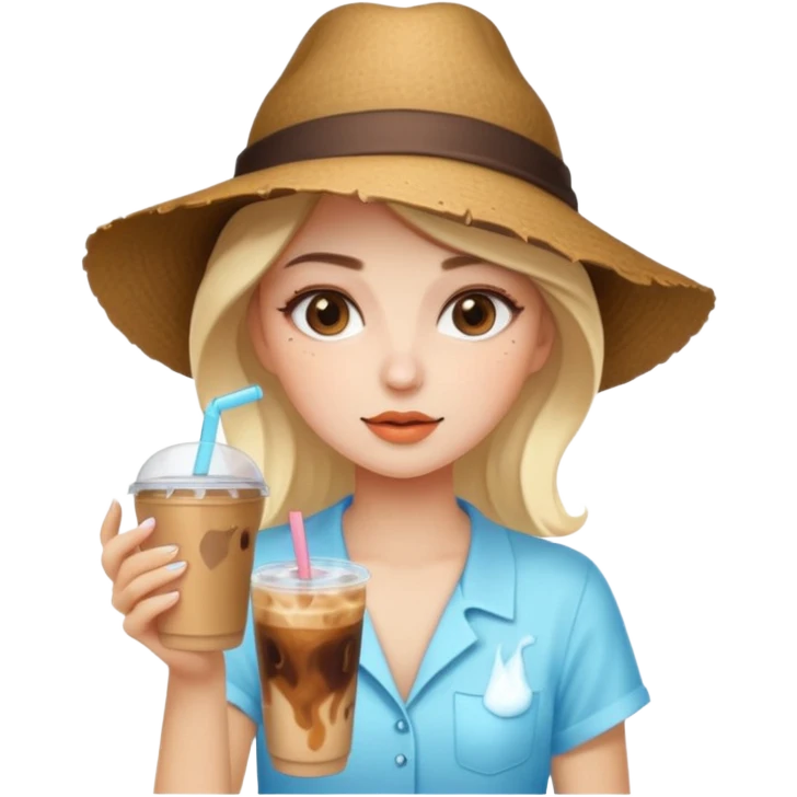 girl getting ready in +40°C heat, melting makeup, iced coffee, sun, hat, fan emoji