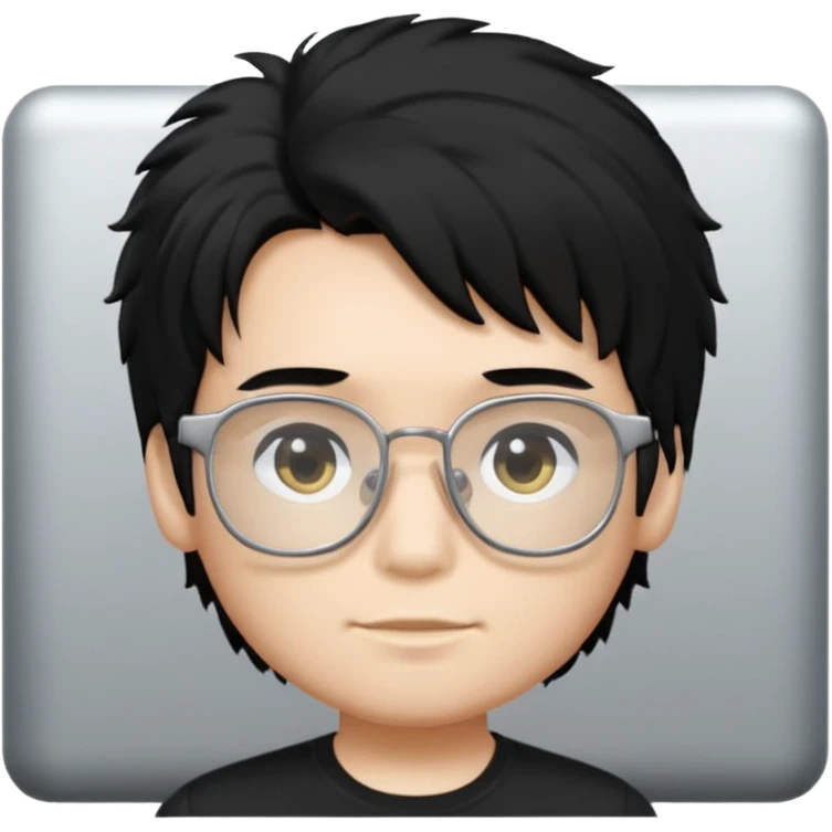 a boy wearing black t-shirt, has fluffy black hair and silver rectangular glasses emoji