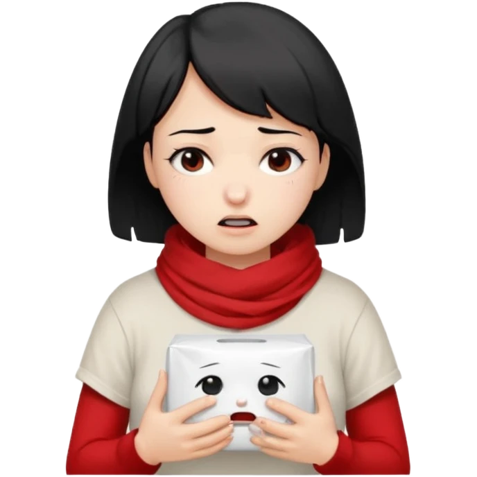 a pretty bratz fair girl crying in a loose oversized off white tshirt and red scarf with short black hair with a tissue box emoji