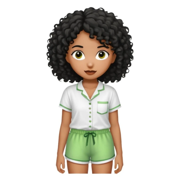 Menina morena do cabelo encaracolados pretos e um pijama de blusa branca e short molinho verde emoji