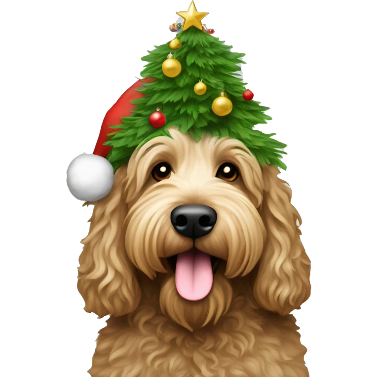 australian labradoodle with Christmas hat and Christmas tree emoji