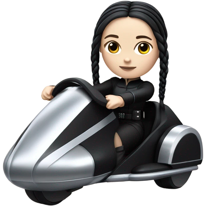 Wednesday Addams piloting a Jumpspeeder anti-gravity repulsorlift swoop emoji