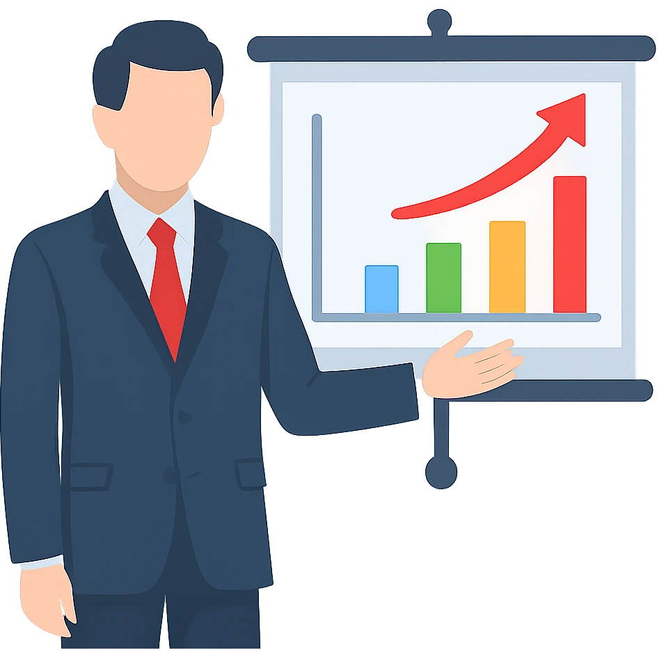 professional person standing next to projector screen showing data, office presentation emoji