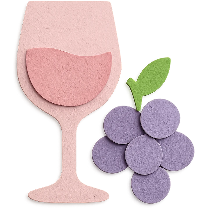 rosé wine icon, paper craft style, light pink wine glass with light purple grapes beside it, no background emoji