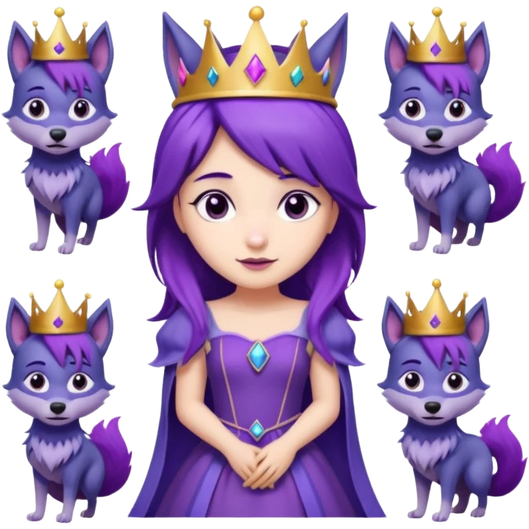  a cute princess wearing a purple dress and crown with purple hair and purple wolf ears and purple wolf tail character. Each square shows the character doing different actions against a white background And make a gap between each illusion emoji