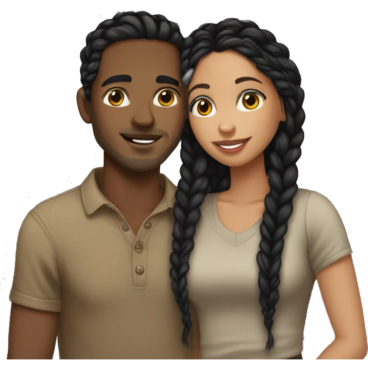 Girl with long wavy black hair wearing a brown shirt kissing a light skin man with black braids wearing a black shirt emoji