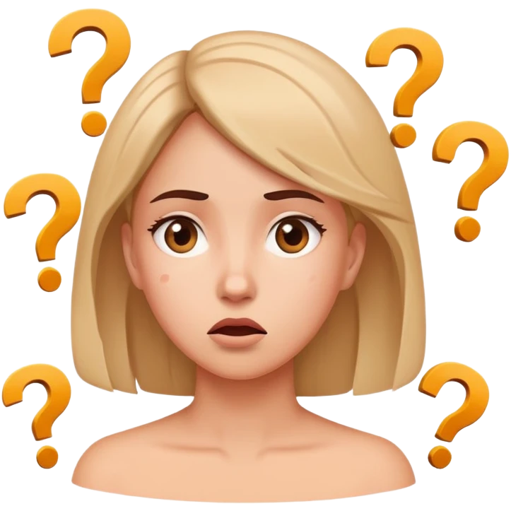 Confused woman with tilted head and question marks circling around her emoji