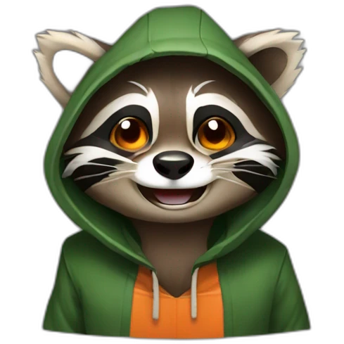 brown raccoon with orange eyes and a dark green hood that is laughing emoji