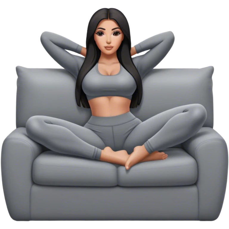 hyper-realistic kim kardashian in gray yoga pants lying on couch comfy emoji