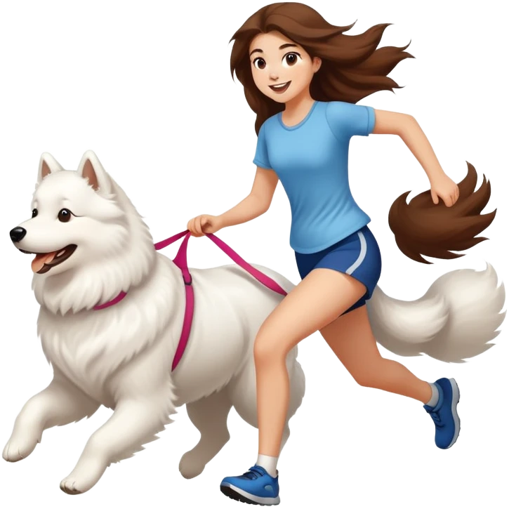 A beautiful girl with long hair runs with a Samoyed emoji