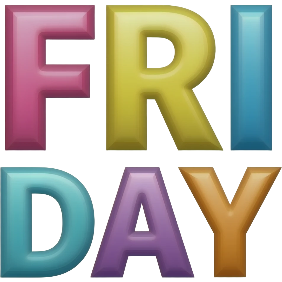 "Fri" "day", each word on a different line, all caps, flashy, colorful emoji