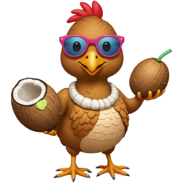 chicken smoking a joint, wearing sunglasses, a coconut bra, and crocs emoji