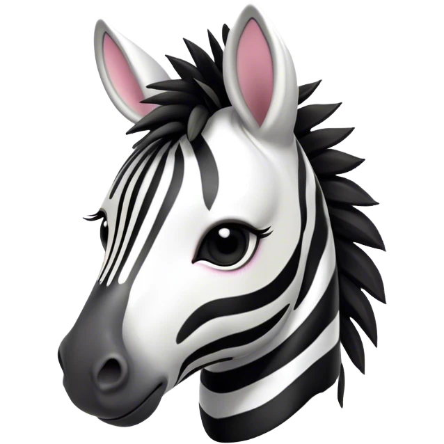 Cinematic Cute Zebra Portrait Emoji, Head tilted playfully and inquisitively, featuring a glossy, intricately striped fur of black and white, a refined, horse-like head with a long snout and alert ears, and round, sparkling eyes filled with curious wonder, Simplified yet irresistibly adorable features, highly detailed, glowing with a warm, friendly glow, high shine, affectionate and spirited, stylized with a touch of savannah whimsy, bright and endearing, soft glowing outline, capturing the essence of a mischievous yet loving zebra that feels like it could prance out of the screen and into your arms! emoji