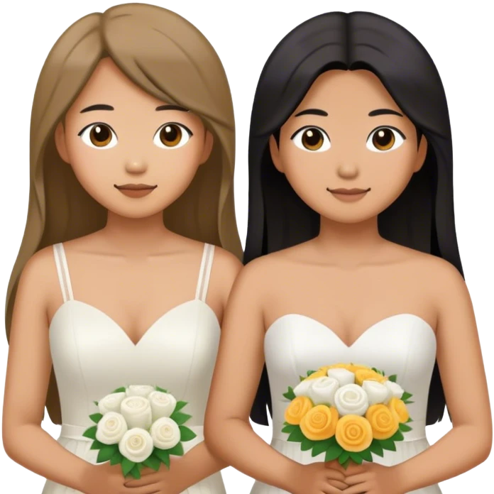 Asian lesbian couple at wedding. One of them has long hair and the other has very short hair. emoji