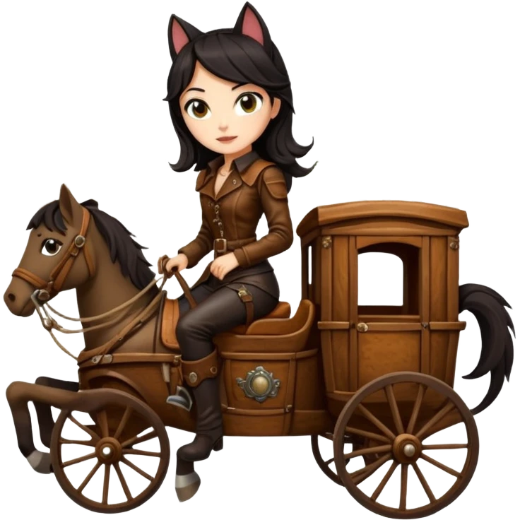  Rustic Lego antique wood detailed 1854 pretty dark-haired Catgirl driving a huge horse-drawn stagecoach Caravan on a bumpy scary trail in the woods  emoji