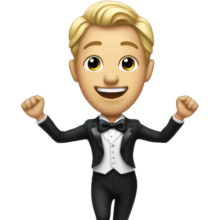 Handsome man dancing in a tuxedo doing backflips with he’s tongue sticking out  emoji