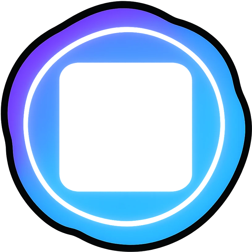 square stop symbol with dark black hole center, swirling bright purple and blue border, white neon glow emoji