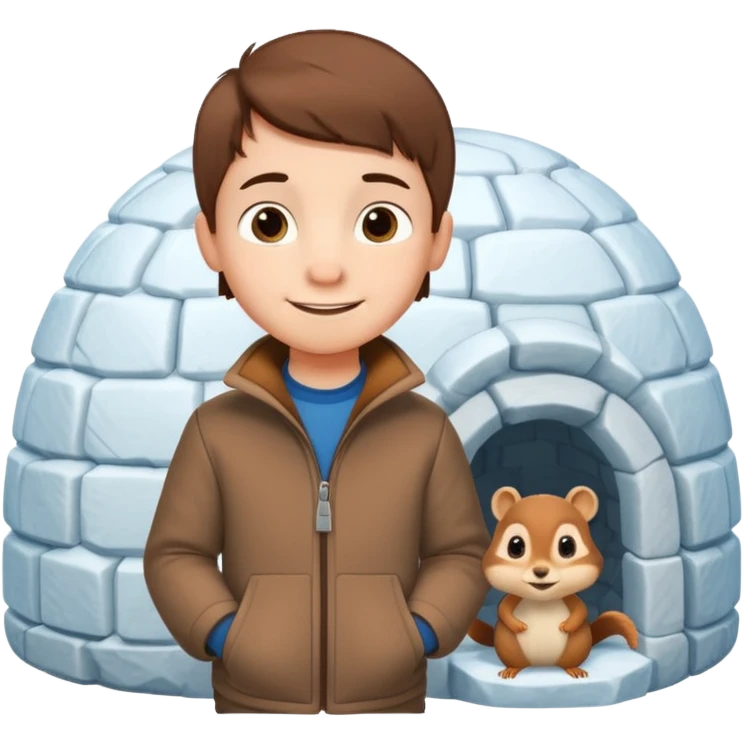 smiling boy with short hair and an igloo and chipmunk  emoji