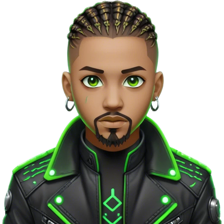 Light skinned African American male with green eyes as a cyberpunk hacker with cornrows hairstyle but short cornrows  with goatee facial hair emoji