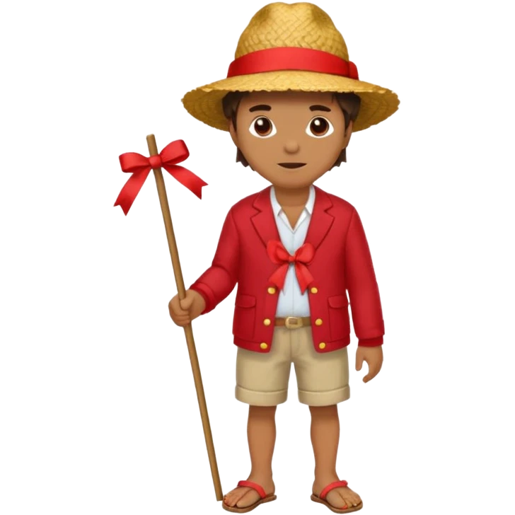Make a guy with a straw hat and the hat has a red rebin and a red jacket and sandals and a x on he's chest emoji