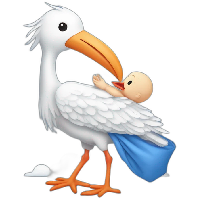 White stork carrying a blue bundle of cloth that has a human person cute baby human in it and the human baby head is peeking from the fabric the strok is carrying in its beak emoji