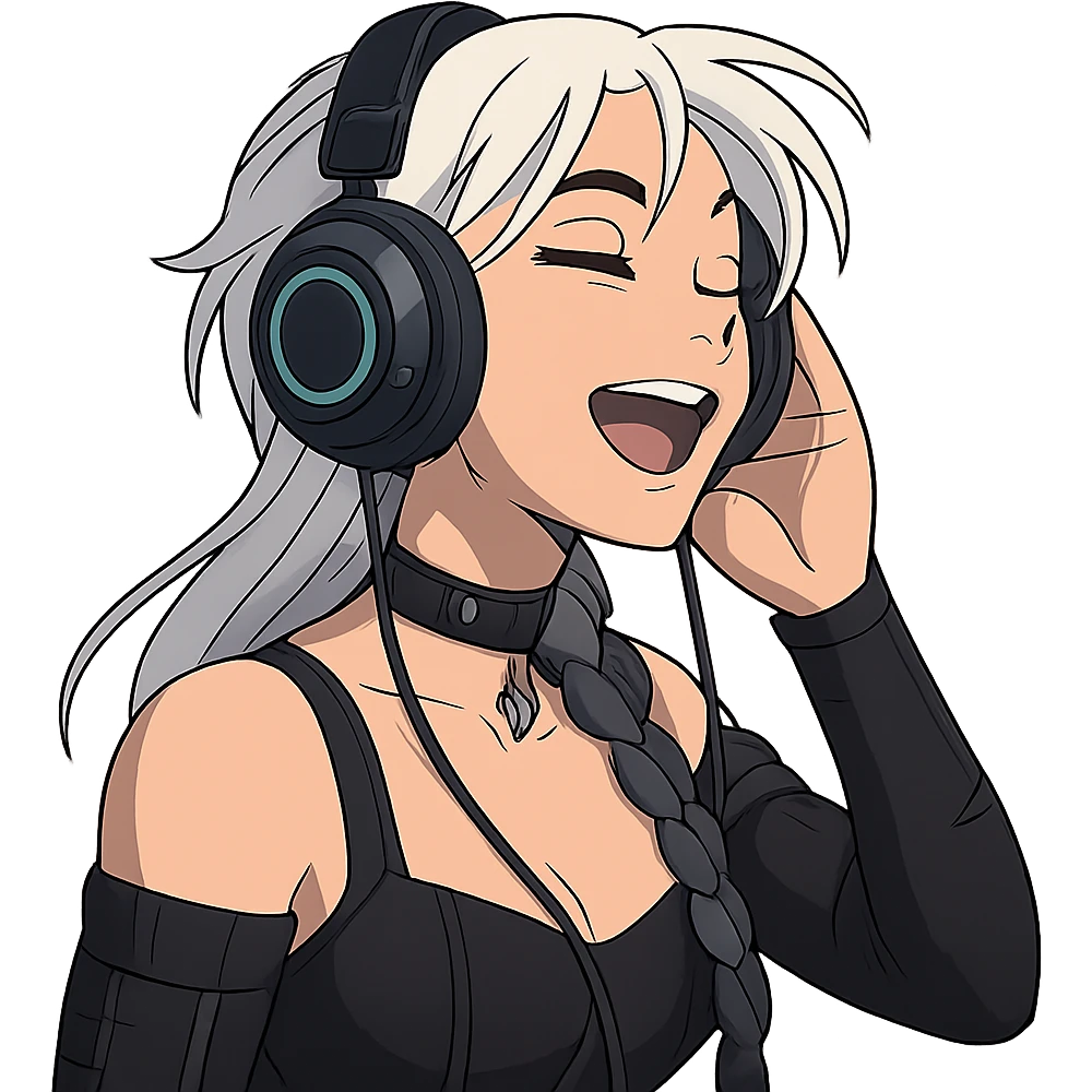 she is listening to music in headphones and JAMMIN!, a closeup portrait of young woman with gold yellow eyes, white hair, long braid, black off-shoulder top d-cup, punk gothic style, futuristic cyberwave cyberpunk,  emoji