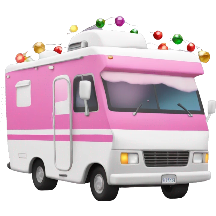 Pink Rv with snow and Christmas lights emoji