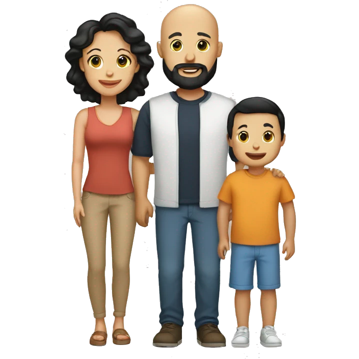 Family, bald tan dad with black beard, white mom with black hair, tan baby boy emoji