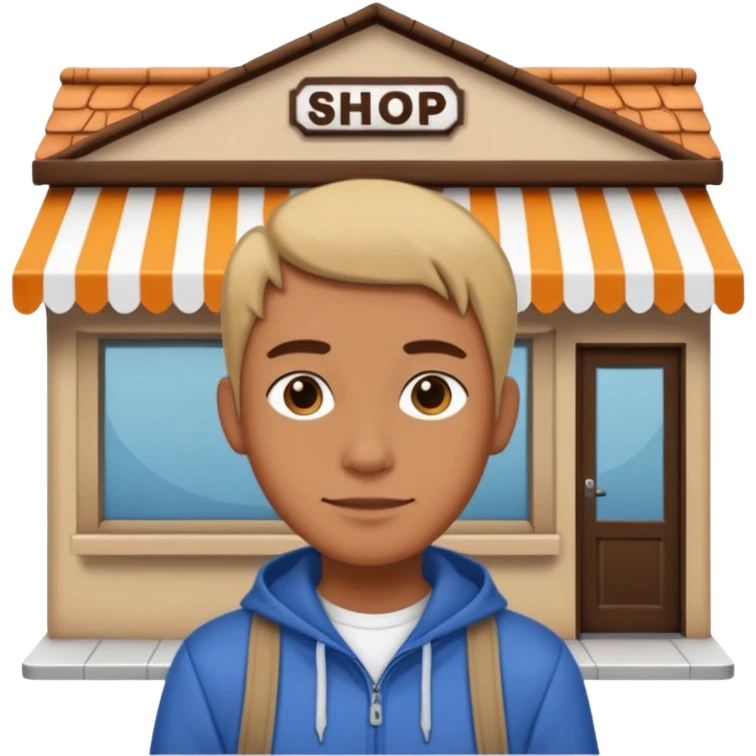 grown  2D line-drawn character + small shop emoji