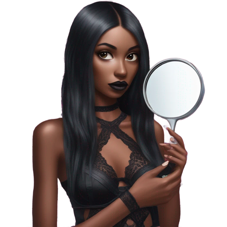 Hyper Realistic Goth victoria secret model looking into a handheld mirror  emoji