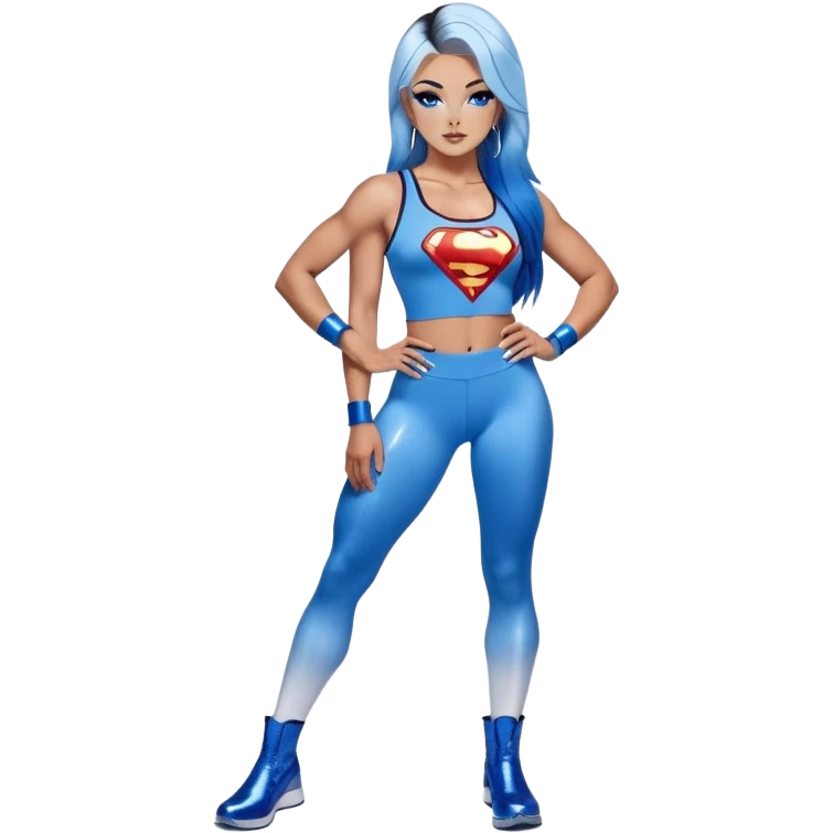 body with long legs-very very very large chest with clevage-sexy face-leggings-puma boots-very long very straight dark blue to light blue ombre hair-and-blue eyes-thick black eyeliner-thick long eyelashes-sky blue lowcut tanktop with glitter superman logo-silver hoop earrings emoji