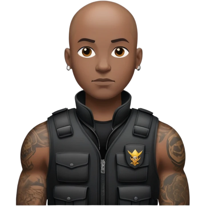 black soldier tattooed bald head in black bulletproof vest emoji