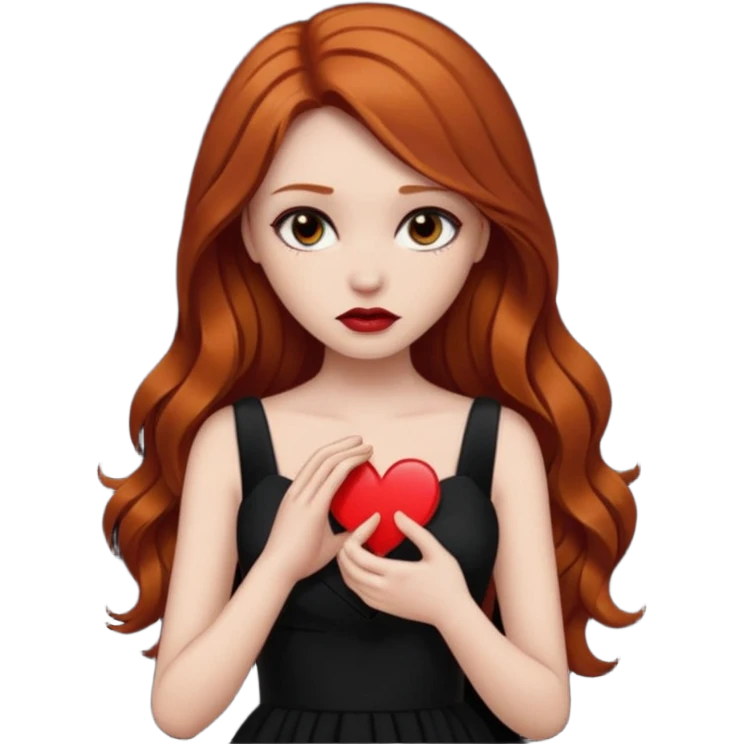  woman flirting long dark ginger hair dark make up holding a broken heart black dress emoji