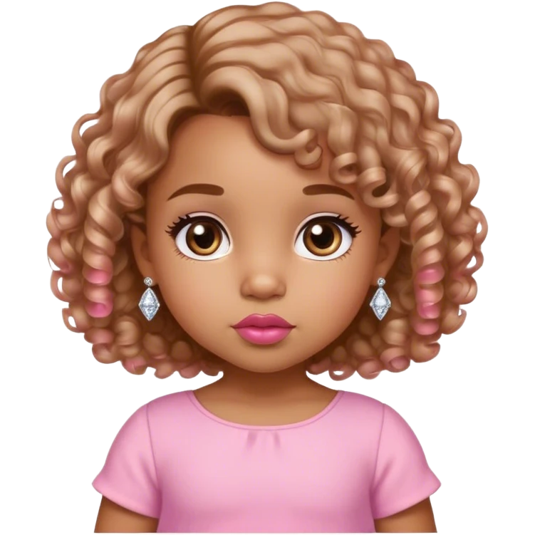 light brown skin tone, very adorable toddler, with big plump lips, long long lashes, curly bob, brown eyes, pink dress, diamond stud earrings emoji