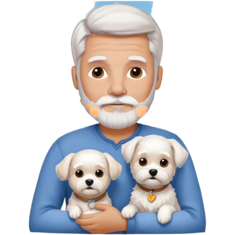 white man grey and white hair beard holding a white Maltese on a beach emoji