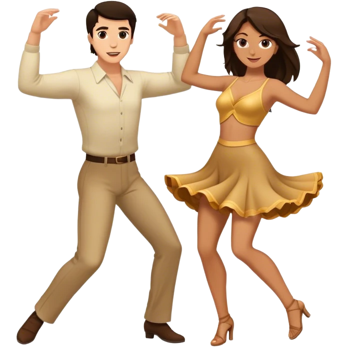 White Man with dark hair and white woman with brown hair dancing emoji