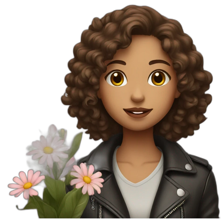 Long brown curly haired girl in leather jacket dreams about flowers  emoji