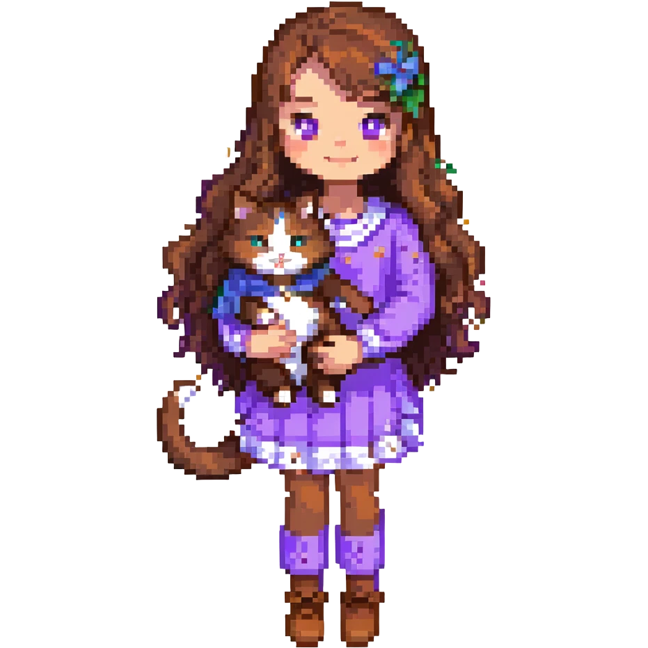 Add a simple, cheerful background to the scene with a girl with long, wavy brown hair, brown eyes, purple clothes, smiling with a three-color cat beside her, in pixel art style. emoji