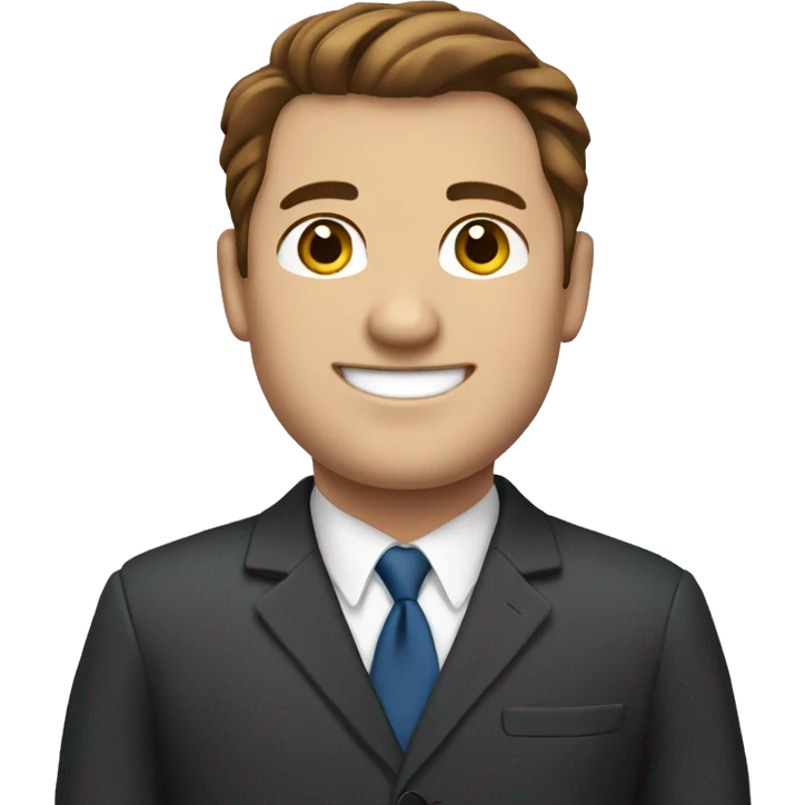 a slightly overweight man with brown hair and brown eyes smiling in a business suit. emoji