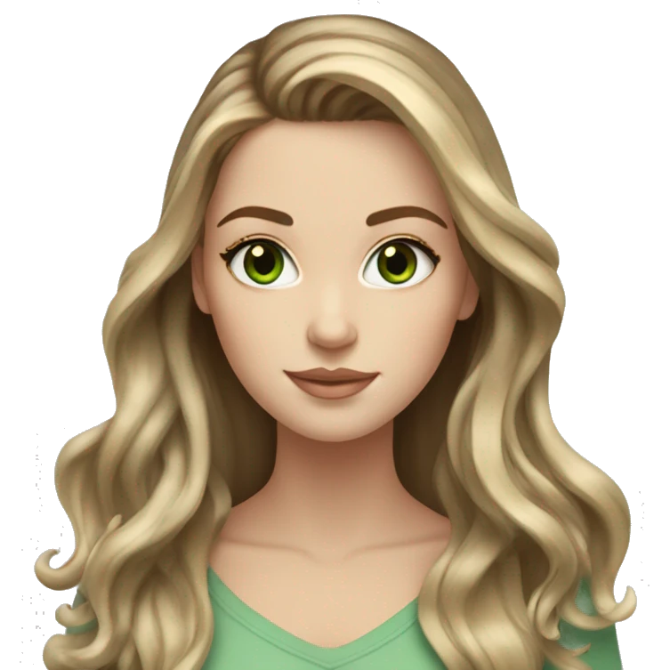 White girl with long brown hair with blonde highlights balayage and green eyes emoji