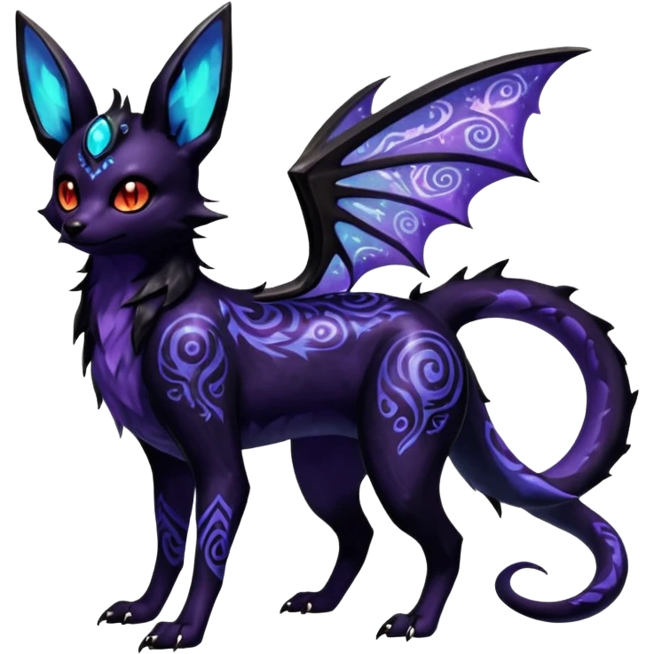 Shiny Fiery Dark Ugly Evil Realistic Glowing Eldritch Horror Cool Edgy Badass Emo Glorious Demonic Batty Dusky Ethereal Sparkly Shimmering Magical Punky Aural Iridescent Fluorescent Bioluminescent Umbreon-Amaura-Salandit-Litten-Flareon-Fakémon-fusion (full body) with intricate pattern markings emoji