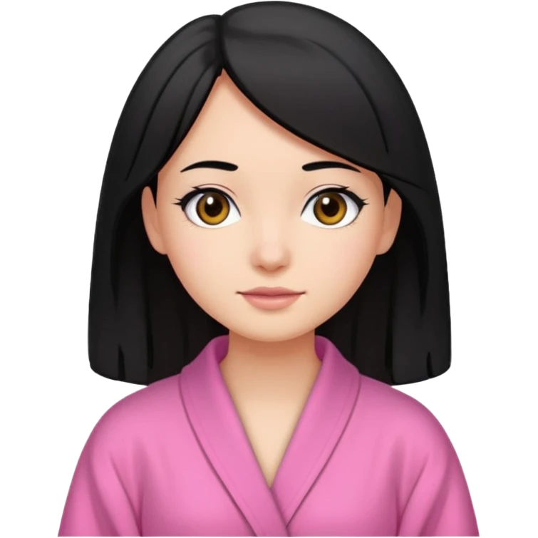 A girl who has black hair (straight but slightly wavy at the end), has a medium to bright skin tone, wearing a pink robe emoji
