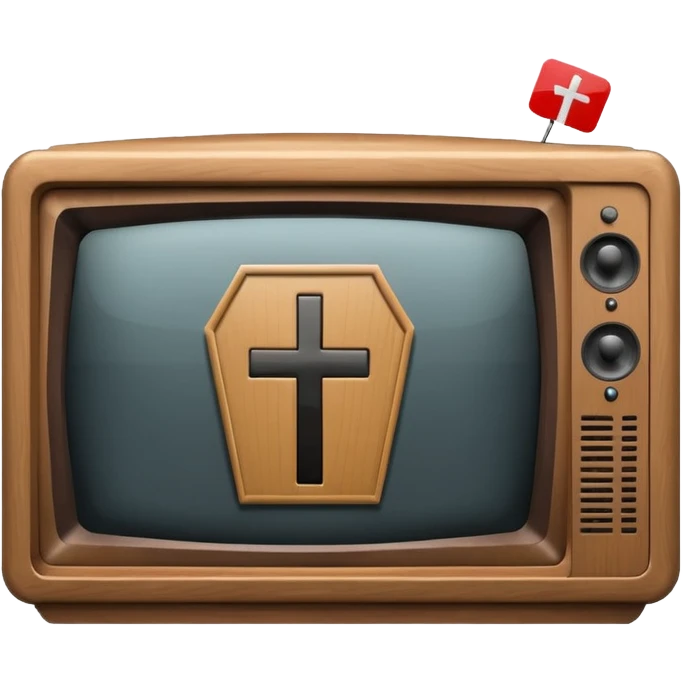 Minimalist emoji-style sticker of a CRT TV in the shape of a coffin, with a cross or static noise on the screen. Desaturated design.  emoji