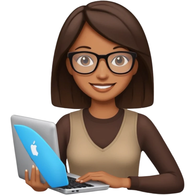 woman with tan skin, chest-length straight dark-brown hair and glasses, smiling and holding mac computer emoji